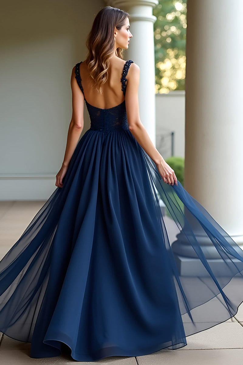 Load image into Gallery viewer, Navy A Line Spaghetti Straps Long Prom Dress