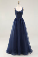 Load image into Gallery viewer, Navy A Line Spaghetti Straps Long Prom Dress