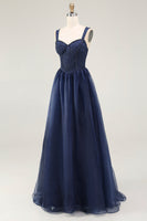 Load image into Gallery viewer, Navy A Line Spaghetti Straps Long Prom Dress
