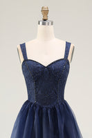 Load image into Gallery viewer, Navy A Line Spaghetti Straps Long Prom Dress