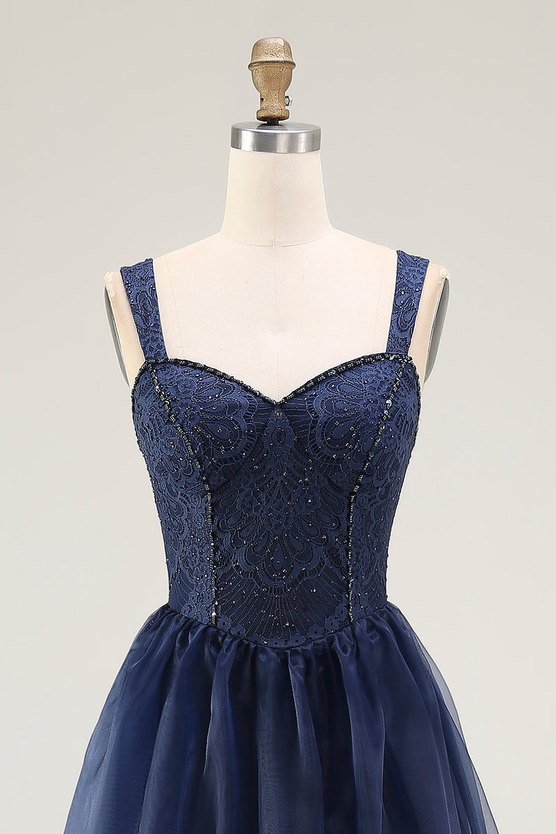 Load image into Gallery viewer, Navy A Line Spaghetti Straps Long Prom Dress