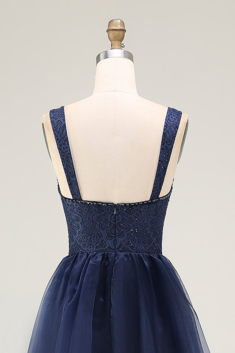 Load image into Gallery viewer, Navy A Line Spaghetti Straps Long Prom Dress