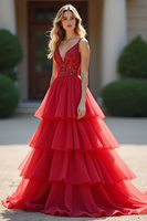 Load image into Gallery viewer, Red A Line Tiered V-Neck Long Prom Dress with Beading