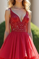Load image into Gallery viewer, Red A Line Tiered V-Neck Long Prom Dress with Beading