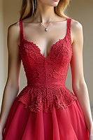 Load image into Gallery viewer, Red A Line Tiered Spaghetti Straps Long Prom Dress with Lace