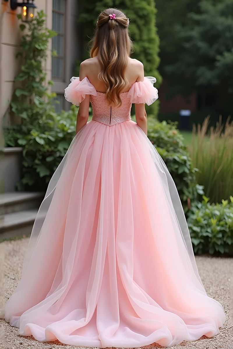 Load image into Gallery viewer, Pink Ball Gown Off the Shoulder Long Tulle Prom Dress