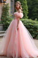 Load image into Gallery viewer, Pink Ball Gown Off the Shoulder Long Tulle Prom Dress