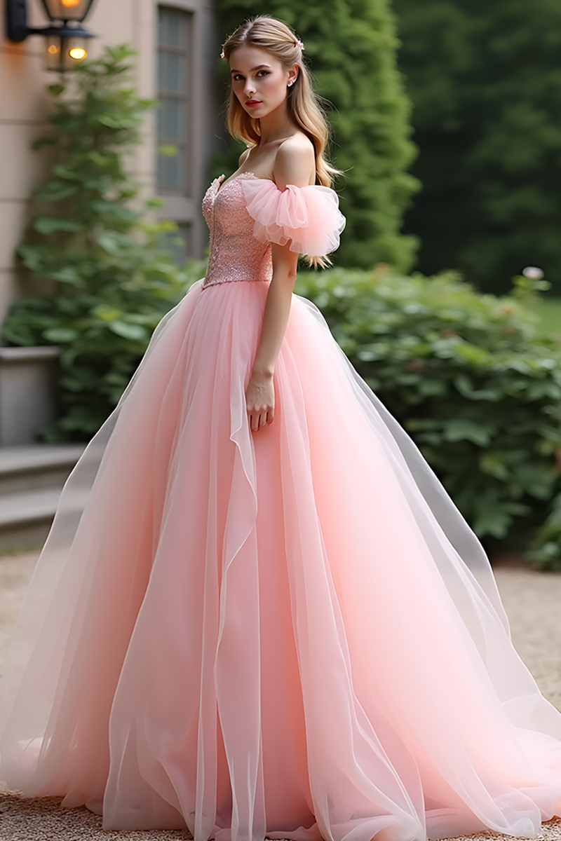 Load image into Gallery viewer, Pink Ball Gown Off the Shoulder Long Tulle Prom Dress