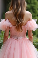 Load image into Gallery viewer, Pink Ball Gown Off the Shoulder Long Tulle Prom Dress