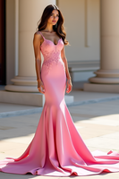 Load image into Gallery viewer, Pink Satin Long Mermaid Prom Dress with Lace