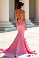 Load image into Gallery viewer, Pink Satin Long Mermaid Prom Dress with Lace