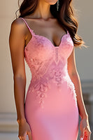Load image into Gallery viewer, Pink Satin Long Mermaid Prom Dress with Lace