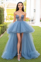 Load image into Gallery viewer, Grey Blue Tulle High-Low Long Prom Dress