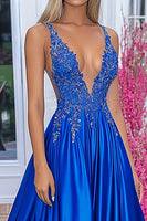 Load image into Gallery viewer, Royal Blue Ball Gown V-Neck Long Prom Dress with Appliques