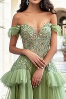Load image into Gallery viewer, Dusty Sage Tulle Long Prom Dress with Lace