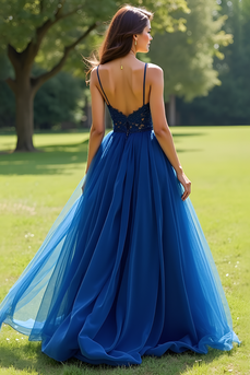 Navy Ball Gown Tulle Long Prom Dress with Lace
