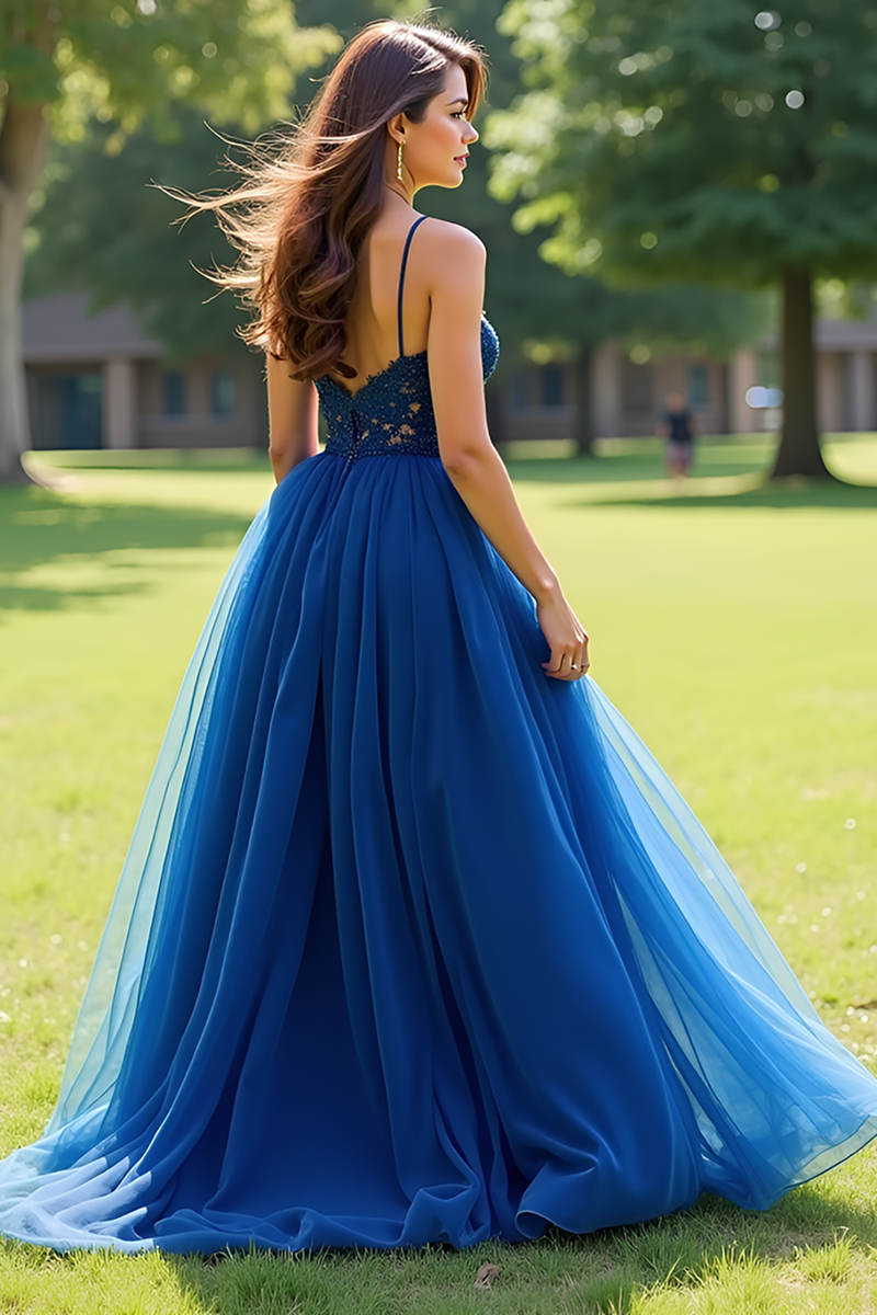 Load image into Gallery viewer, Navy Ball Gown Tulle Long Prom Dress with Lace