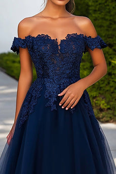 Navy Tulle A Line Long Prom Dress with Lace