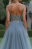 Load image into Gallery viewer, Sparkly Grey Blue Tulle Spaghetti Straps Long Prom Dress with Beading