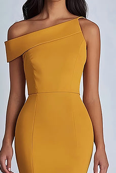 Yellow Ankle-Length Satin One Shoulder Formal Dress