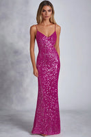 Load image into Gallery viewer, Sparkly Fuchsia Spaghetti Straps Sheath Sequins Long Formal Dress