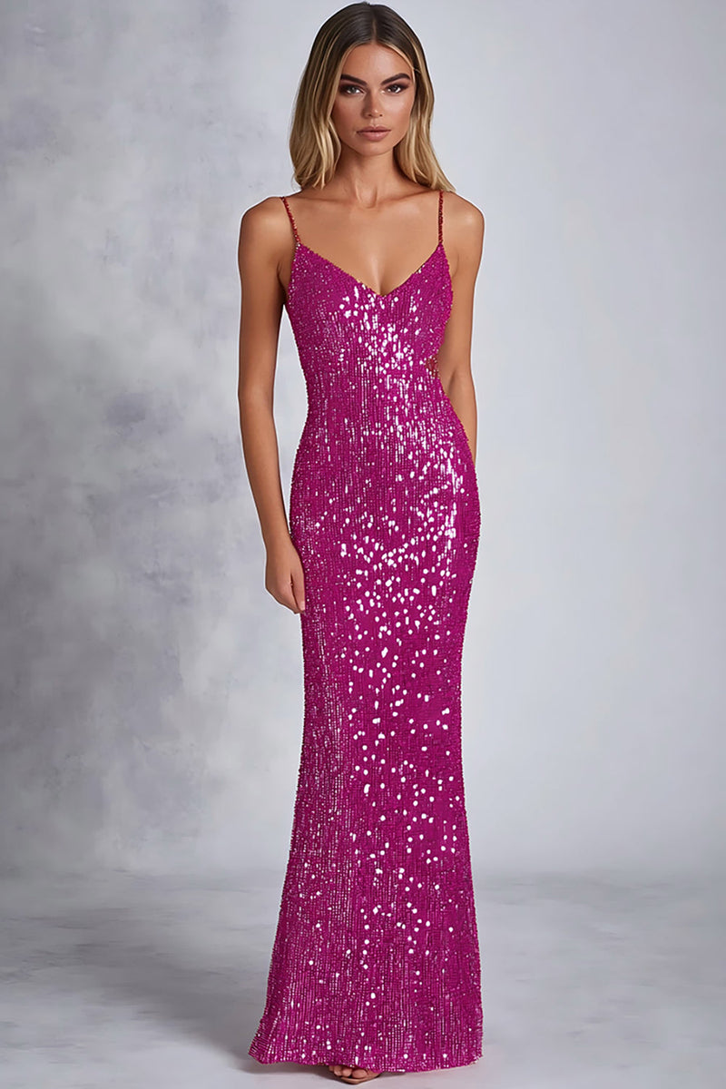 Load image into Gallery viewer, Sparkly Fuchsia Spaghetti Straps Sheath Sequins Long Formal Dress