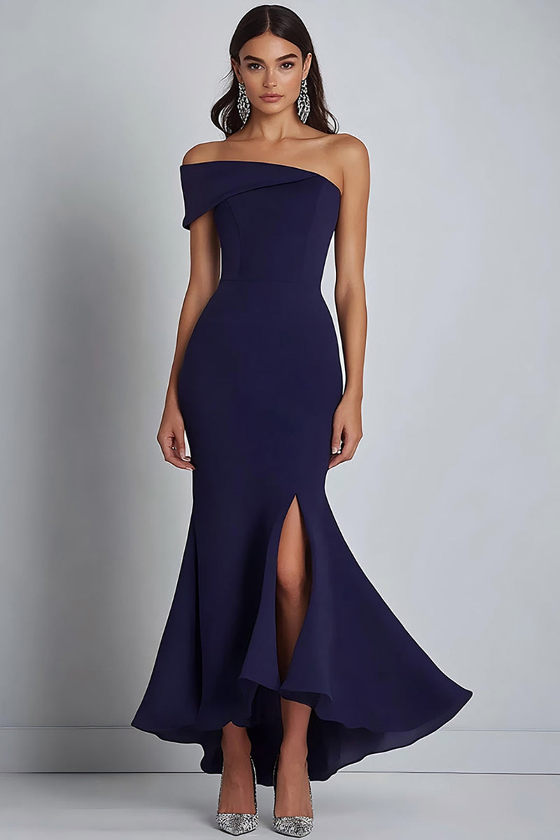 Load image into Gallery viewer, Navy Satin Off the Shoulder Sheath Long Formal Dress with Slit