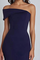 Load image into Gallery viewer, Navy Satin Off the Shoulder Sheath Long Formal Dress with Slit