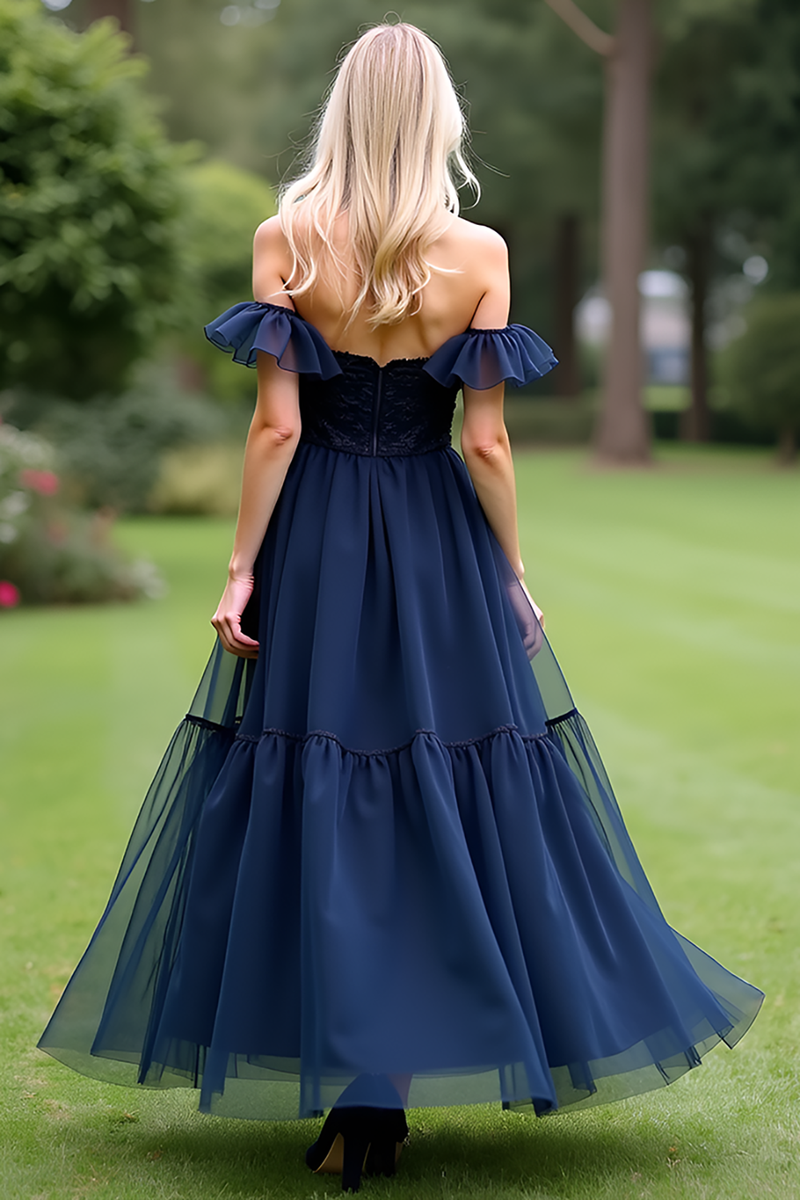 Load image into Gallery viewer, A Line Tulle Navy Off the Shoulder Sweetheart Formal Dress