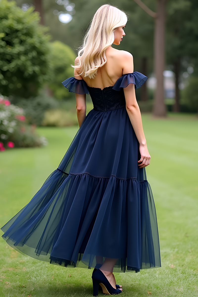 Load image into Gallery viewer, A Line Tulle Navy Off the Shoulder Sweetheart Formal Dress