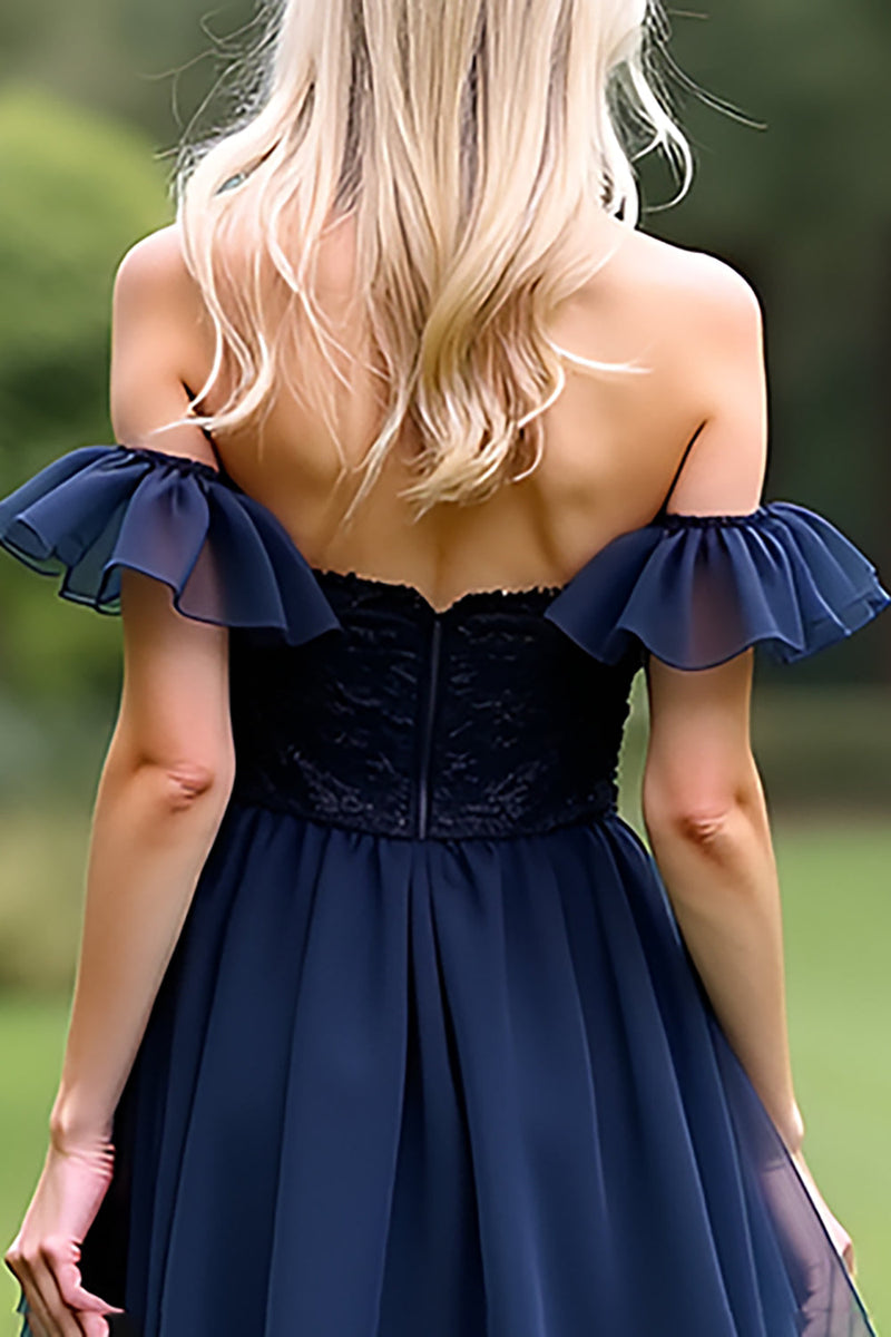 Load image into Gallery viewer, A Line Tulle Navy Off the Shoulder Sweetheart Formal Dress