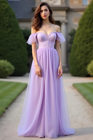 Load image into Gallery viewer, Lilac Off the Shoulder Lace Long Formal Dress with Ruffles