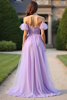 Lilac Off the Shoulder Lace Long Formal Dress with Ruffles