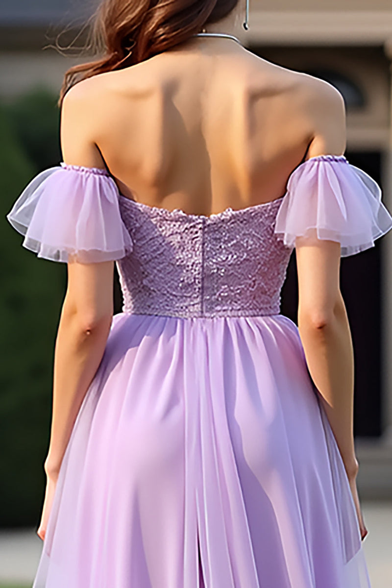 Load image into Gallery viewer, Lilac Off the Shoulder Lace Long Formal Dress with Ruffles