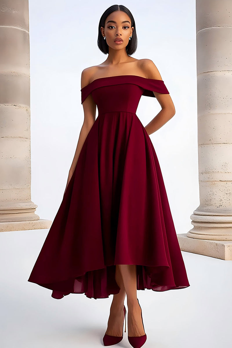 Load image into Gallery viewer, Ruched Burgundy A Line Off the Shoulder Tea-Length Formal Dress
