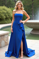 Load image into Gallery viewer, Royal Blue Ruffled A Line Strapless Long Formal Dress with Slit
