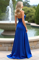 Load image into Gallery viewer, Royal Blue Ruffled A Line Strapless Long Formal Dress with Slit