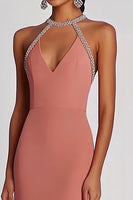 Load image into Gallery viewer, Halter Pink Neck Long Sheath Formal Dress with Beading