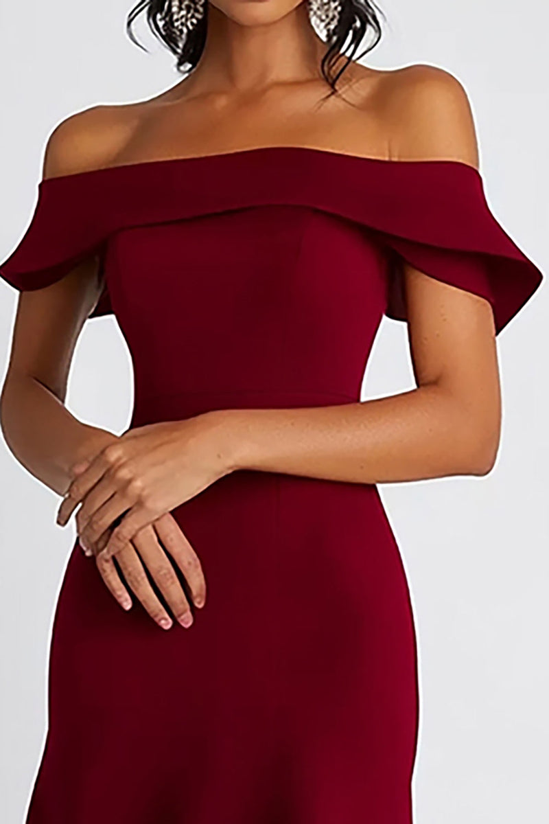 Burgundy Sheath Off the Shoulder Long Formal Dress