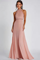 Load image into Gallery viewer, Pink Halter Sheath Long Formal Dress with Beading
