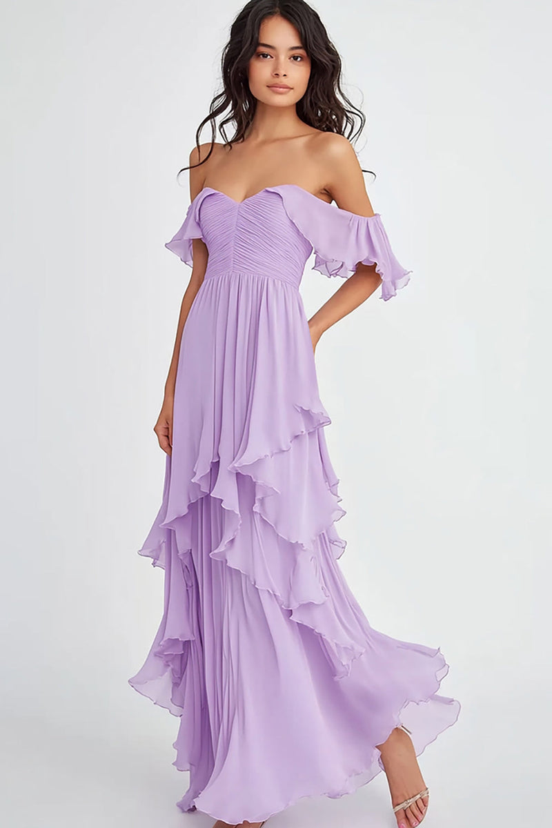 Load image into Gallery viewer, Women Lilac Off the Shoulder Ruffled Long Formal Dress Chiffon Tiered Ruched Party Dress
