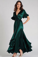 Load image into Gallery viewer, Satin Dark Green V-Neck Long Formal Dress with Ruffles