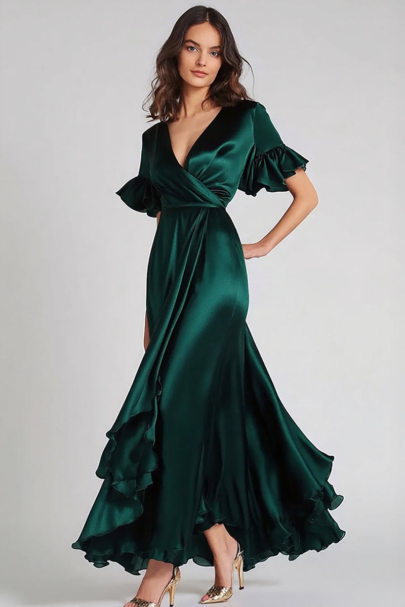 Load image into Gallery viewer, Satin Dark Green V-Neck Long Formal Dress with Ruffles