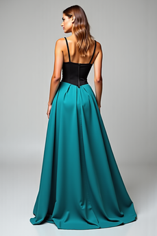 A Line Black Peacock Blue Satin Long Formal Dress