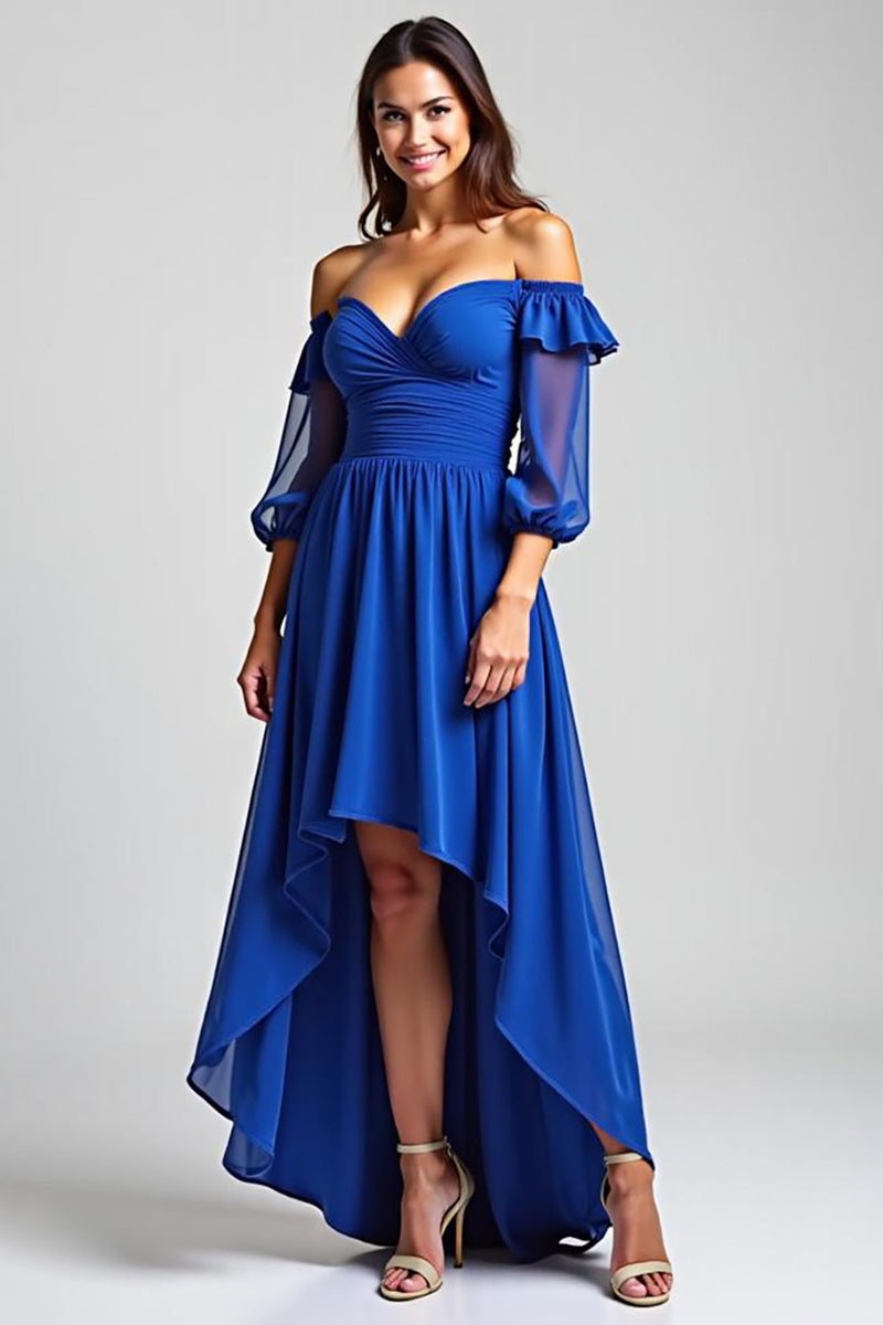 Load image into Gallery viewer, Royal Blue Off the Shoulder High-Low Formal Dress with Half Sleeves