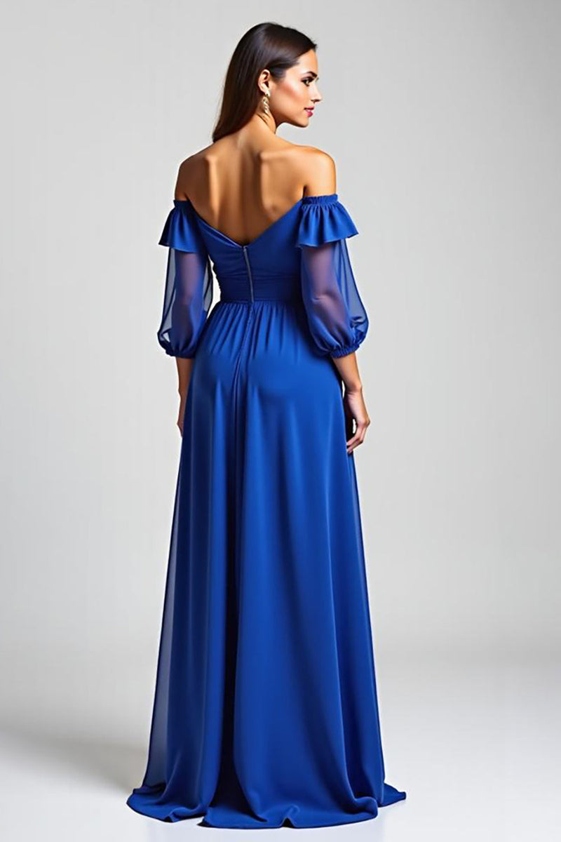 Load image into Gallery viewer, Royal Blue Off the Shoulder High-Low Formal Dress with Half Sleeves