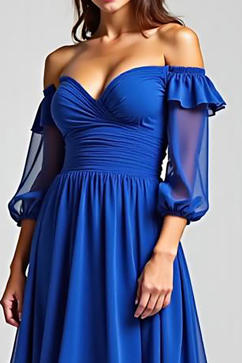 Load image into Gallery viewer, Royal Blue Off the Shoulder High-Low Formal Dress with Half Sleeves