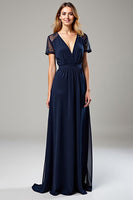 Load image into Gallery viewer, Deep V-Neck Navy Chiffon Long Formal Dress
