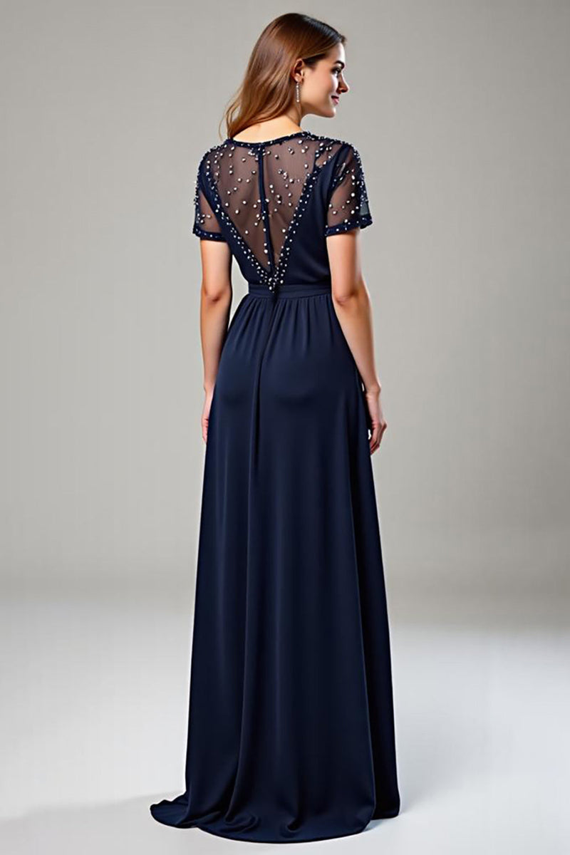 Load image into Gallery viewer, Deep V-Neck Navy Chiffon Long Formal Dress