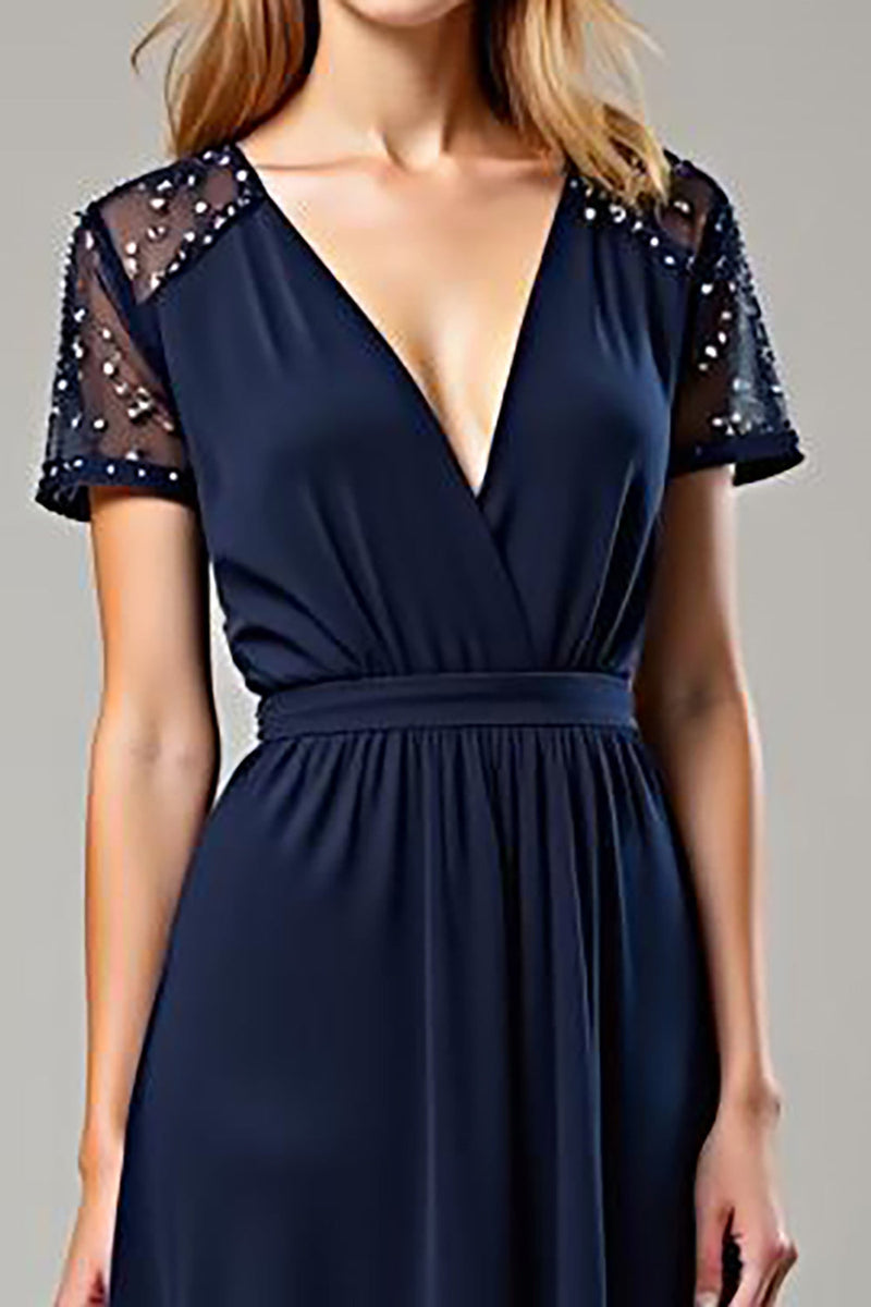 Load image into Gallery viewer, Deep V-Neck Navy Chiffon Long Formal Dress